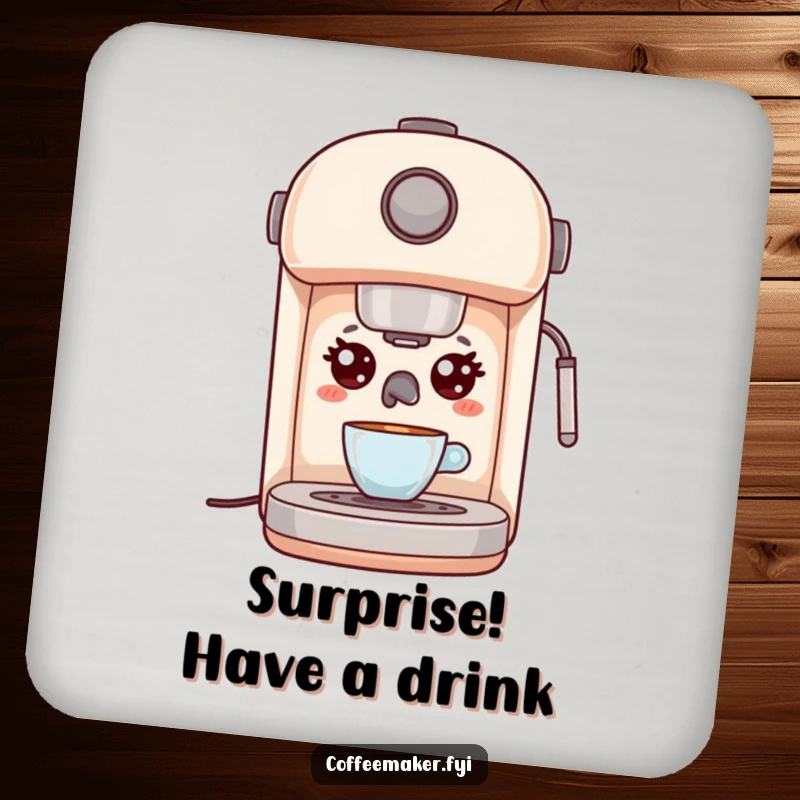 Funny Kawaii Espresso Machine Coasters with wide, surprised eyes, protecting tables with humor and surprise, ideal gift.