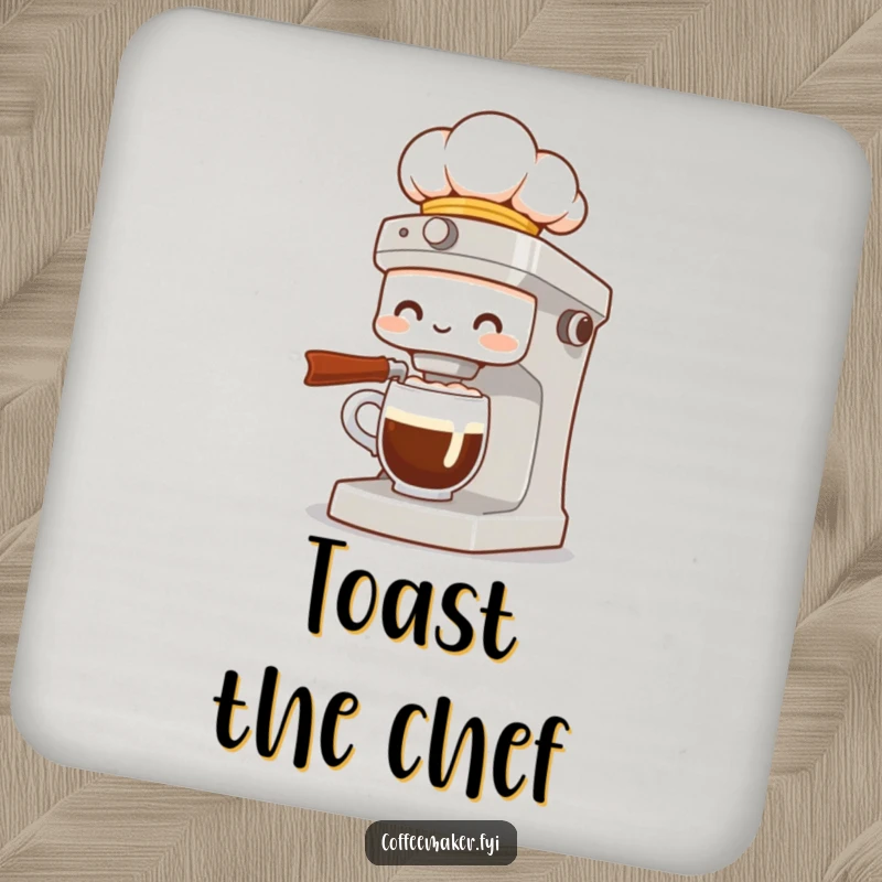 Funny drink coaster featuring a coffee maker character in a chef hat, presenting a fancy cup of coffee, adding humorous elegance.