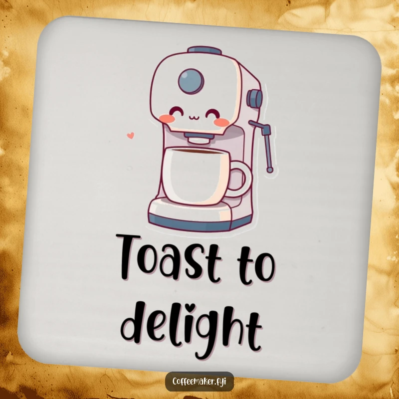 Funny drink coaster featuring a coffee maker character with surprised delight at a perfect cup of coffee, adding humorous charm to your drinks.