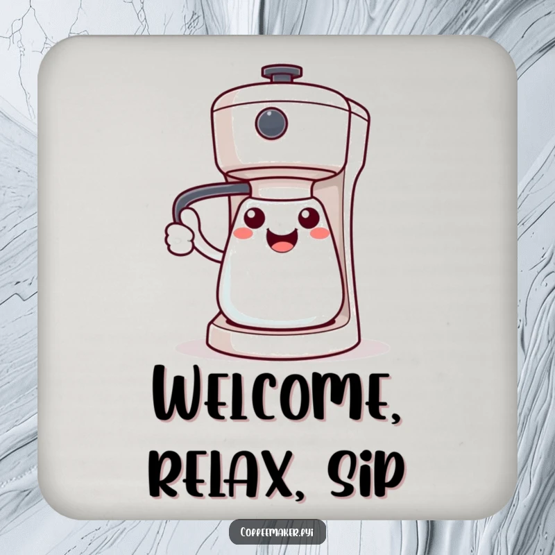 Funny Kawaii coffee maker coaster, character's handle extended in a welcoming gesture, protecting surfaces.