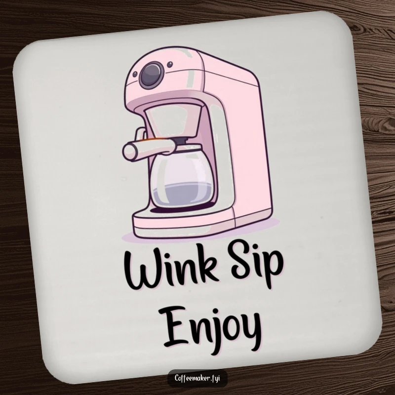 Funny coasters with a winking coffee maker character, offering protection and playful charm.