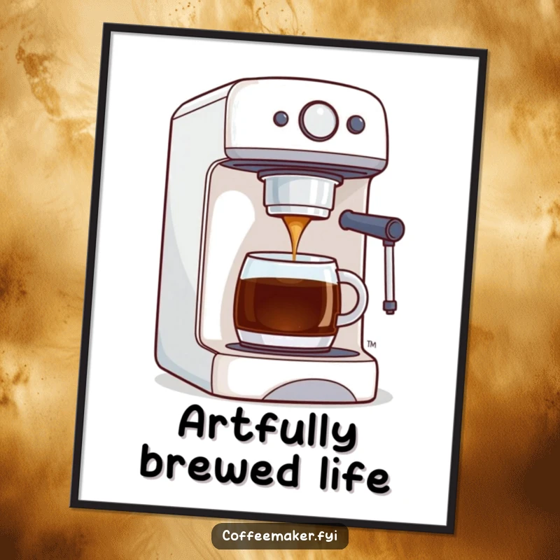 Funny poster art of a coffee maker machine proudly dispensing a smooth, perfect stream of coffee, symbolizing quality and craftsmanship.