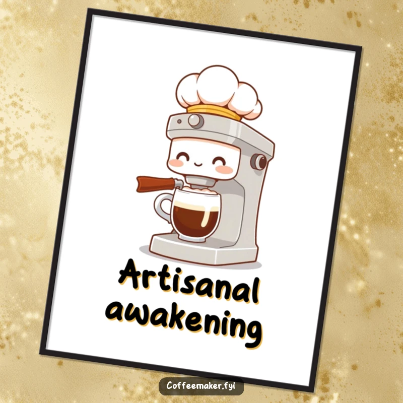Funny poster art of a coffee maker character in a chef hat, proudly presenting a fancy, perfectly brewed cup of coffee.