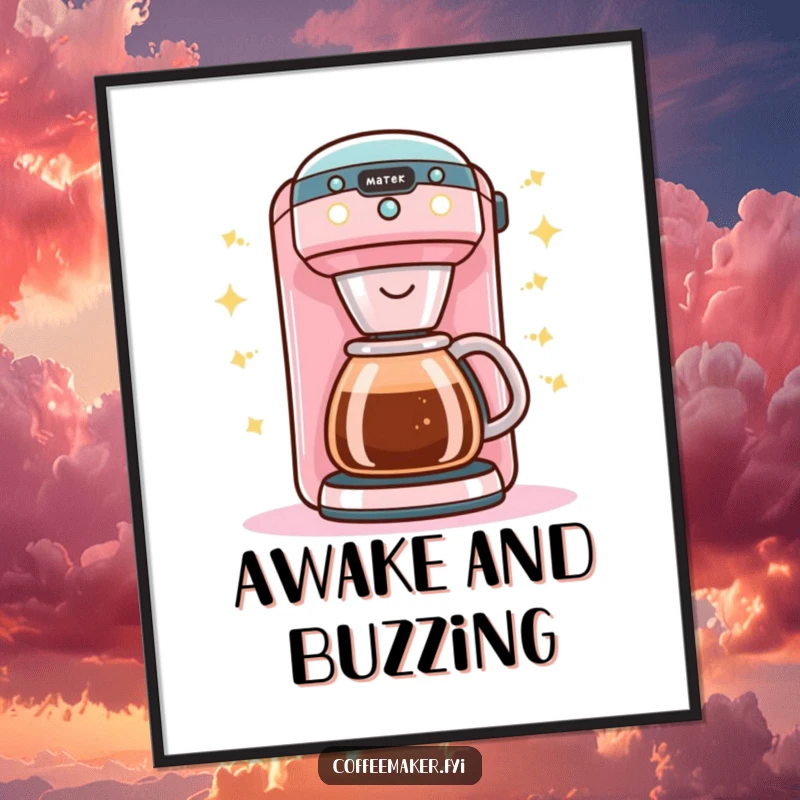 Funny Kawaii coffee maker poster artfully showcasing bright happy lights and a cheerful buzz.