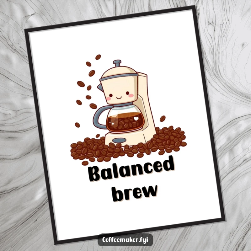 Funny coffee maker poster depicting a coffee maker artistically juggling coffee beans with its spout, a whimsical and humorous wall art.