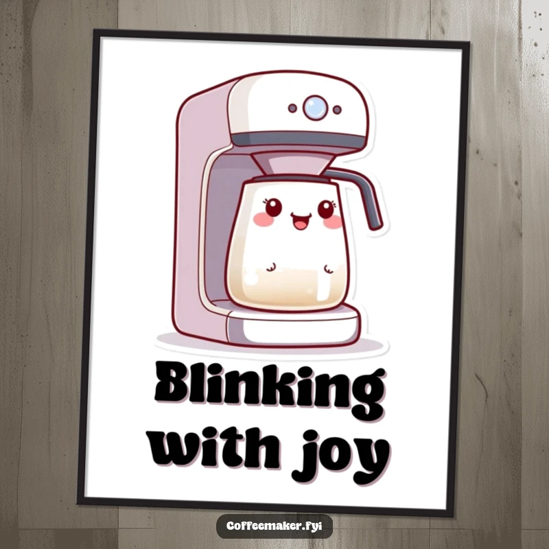 Funny Kawaii coffee maker poster art, character excited by a blinking brewing light, vibrant and cheerful decor.