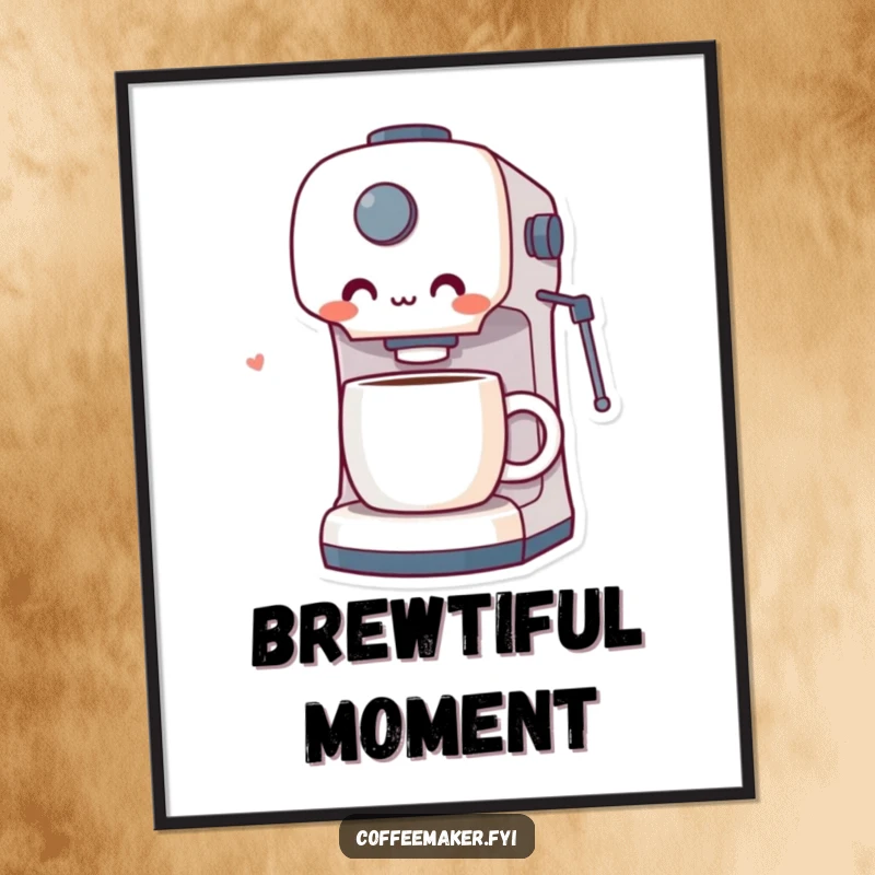 Funny poster art of a coffee maker character with wide eyes and a delighted expression, amazed by a perfectly brewed cup of coffee.