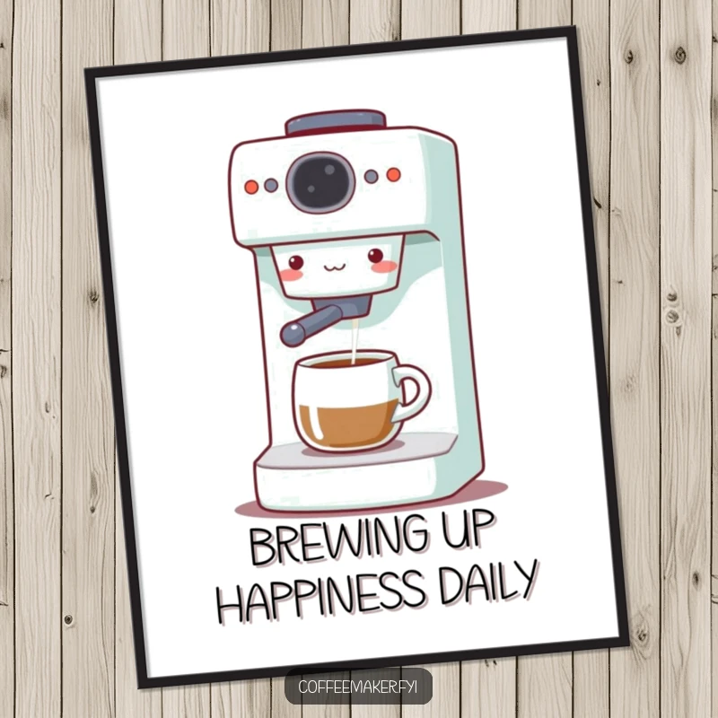 Funny Coffee Maker Poster: Cute machine gleefully dispensing coffee, bringing vibrant joy and cheerful energy to any wall.