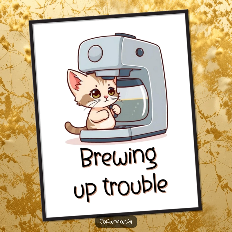 Funny Poster: A small kitten with wide, determined eyes tries to brew coffee using a comically large coffee maker.