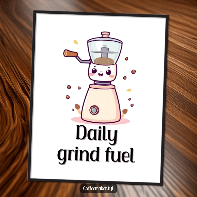 Funny Kawaii coffee grinder poster, depicted with vibrant, playful energy, perfect for cafe or kitchen decor.