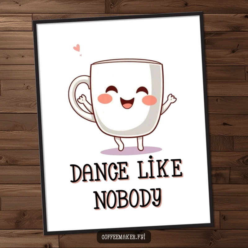 Funny Kawaii Coffee Mug Poster showcasing a cheerful mug character dancing with unrestrained joy, adding a vibrant touch to decor.