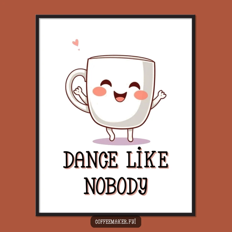 Funny Kawaii Coffee Mug Dancing Poster - Joyful Art for Coffee Lovers, Decor