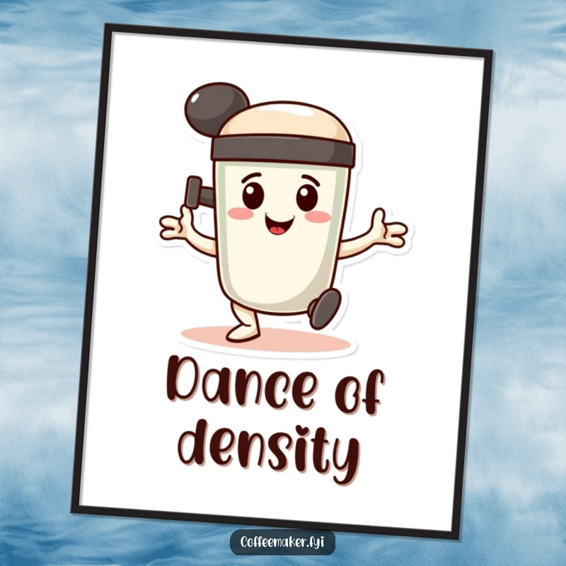 Funny Poster: A smiling coffee tamper character doing a determined, stamping dance, creating a vibrant and inspiring display.
