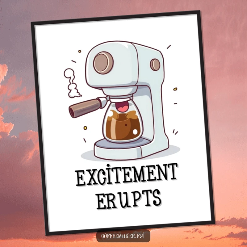 Funny coffee maker character comically sputtering with excitement, steam erupting playfully, a vibrant and humorous wall art poster.