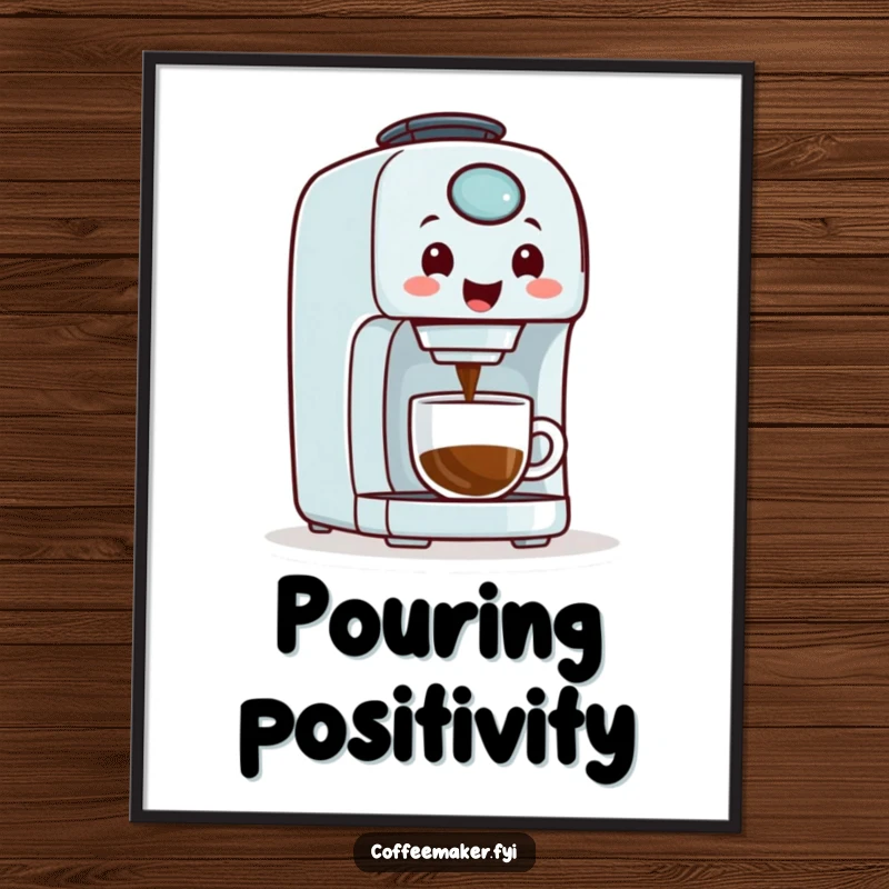 A happy, smiling coffee maker machine dispensing coffee, presented as a vibrant and humorous art print.