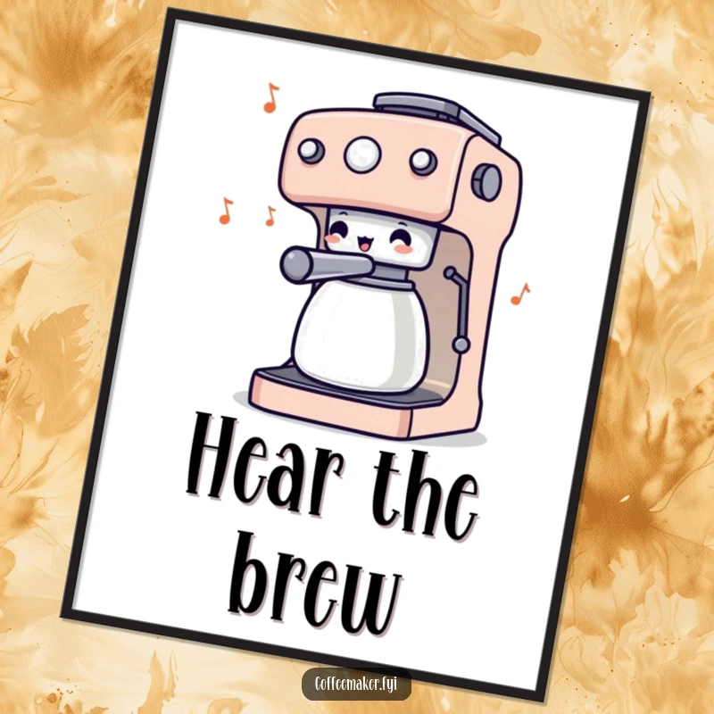 Funny poster art of a coffee maker character with its knobs wiggling enthusiastically, appearing as a conductor directing a symphony of coffee-fueled energy.