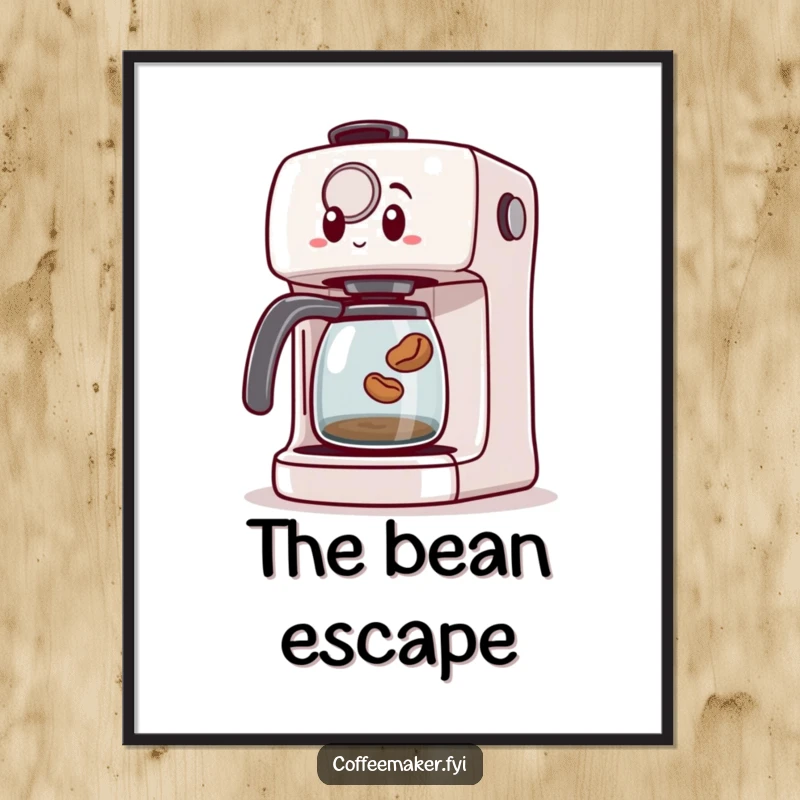 Funny poster art depicting a surprised coffee maker machine reacting to a tiny coffee bean jumping out, creating a moment of comical bewilderment.
