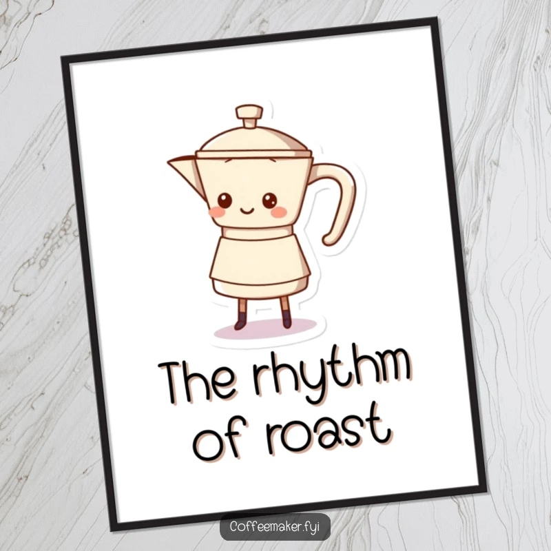 Funny coffee pot character doing a lively shuffle dance on this poster, adding energy to decor.