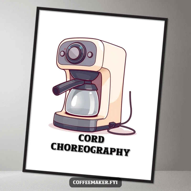 A coffee maker machine doing a silly dance with its cords flying, depicted as a humorous and dynamic art print.