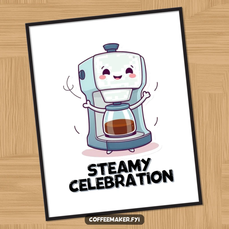 Funny poster art of a coffee maker character in a jubilant dance, with swirling steam trails illustrating its energetic and happy expression.