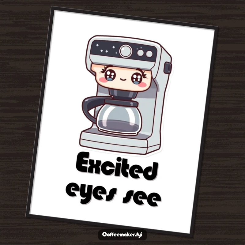 Funny poster featuring a coffee maker with wide, sparkling, excited eyes, conveying immense enthusiasm and the joy of coffee. A vibrant, humorous wall art.