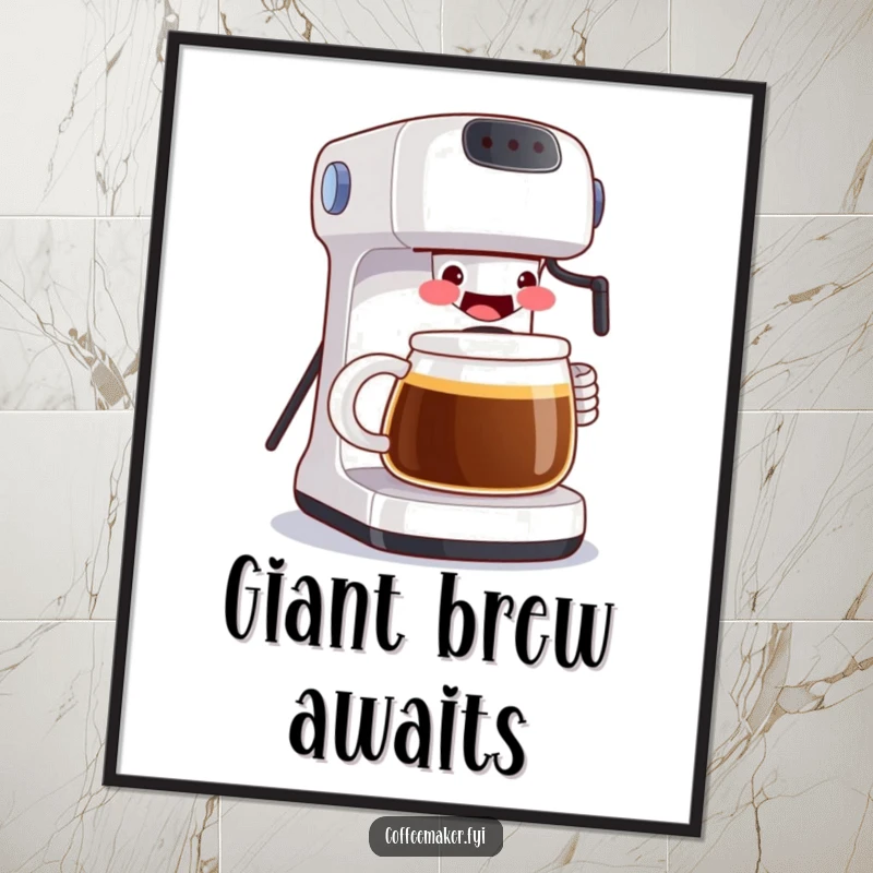 Funny poster featuring a smiling coffee maker pouring an oversized mug, symbolizing abundance and morning joy. A humorous and eye-catching wall art piece.