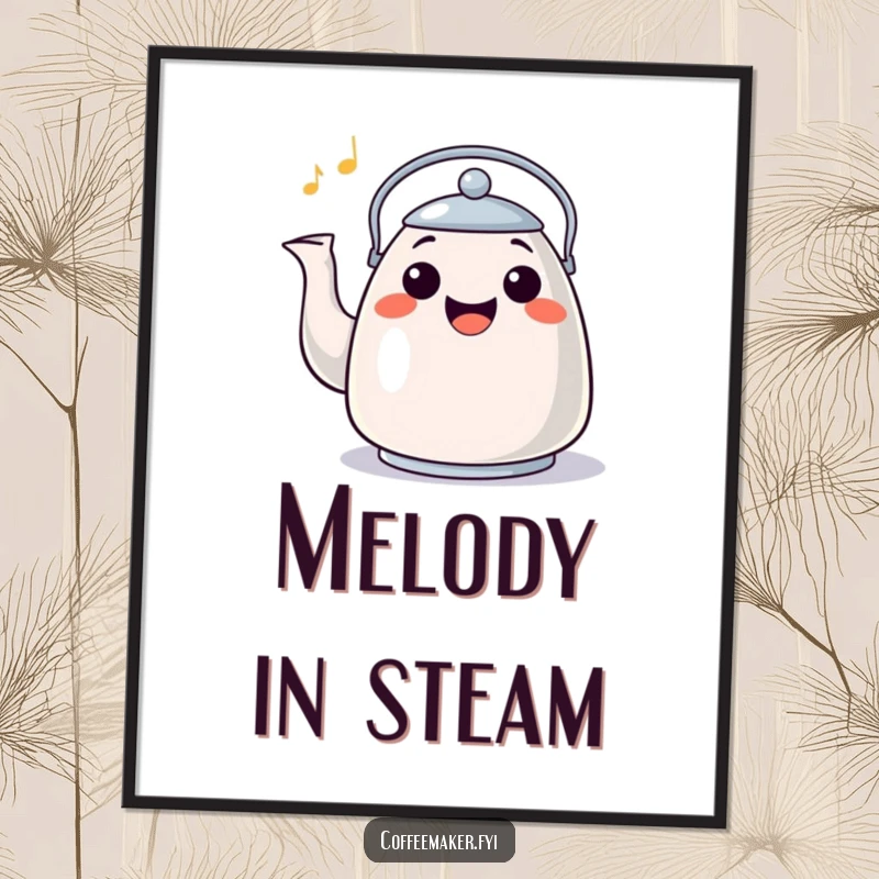 Funny Poster: A happy kettle with a wide grin whistling a cheerful tune, creating an uplifting wall display.