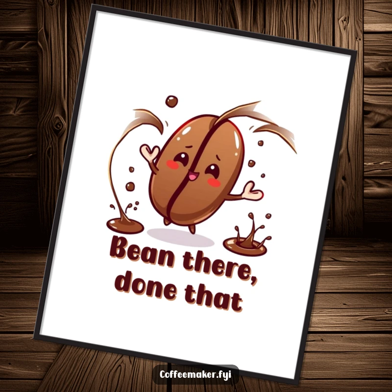 Funny coffee bean character juggling dark liquid streams on this poster, a captivating display of skill.