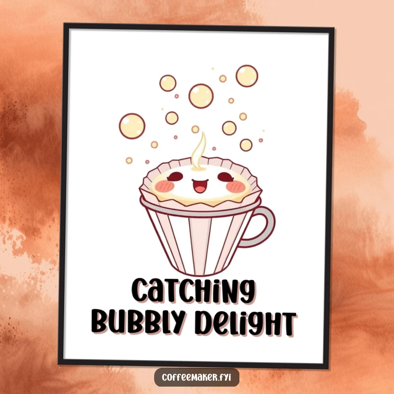 Funny Kawaii Coffee Filter Poster happily catching bubbly delight, perfect for humorous and cheerful wall decor.