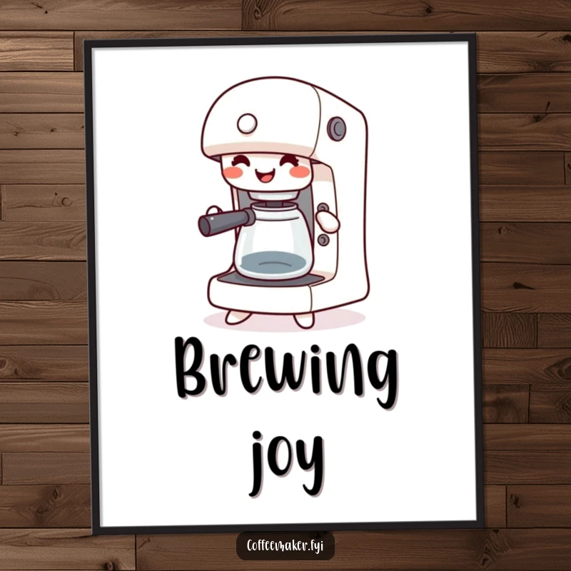 Funny poster of a happy kawaii coffee maker jigging with its buttons pressed, celebrating coffee and movement with humor.
