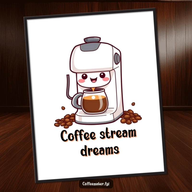 Funny Kawaii Coffee Maker Poster showing a cheerful character happily dispensing coffee, a humorous and decorative piece.