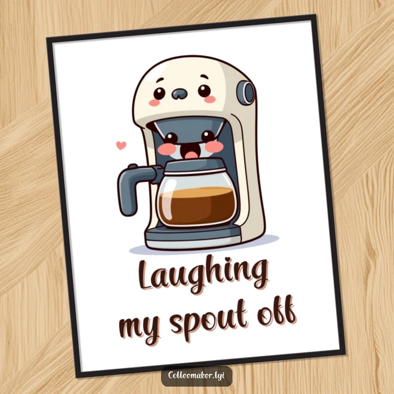 Funny Kawaii Coffee Maker Poster showing a surprised character with its spout wide open in laughter, a humorous and decorative piece.