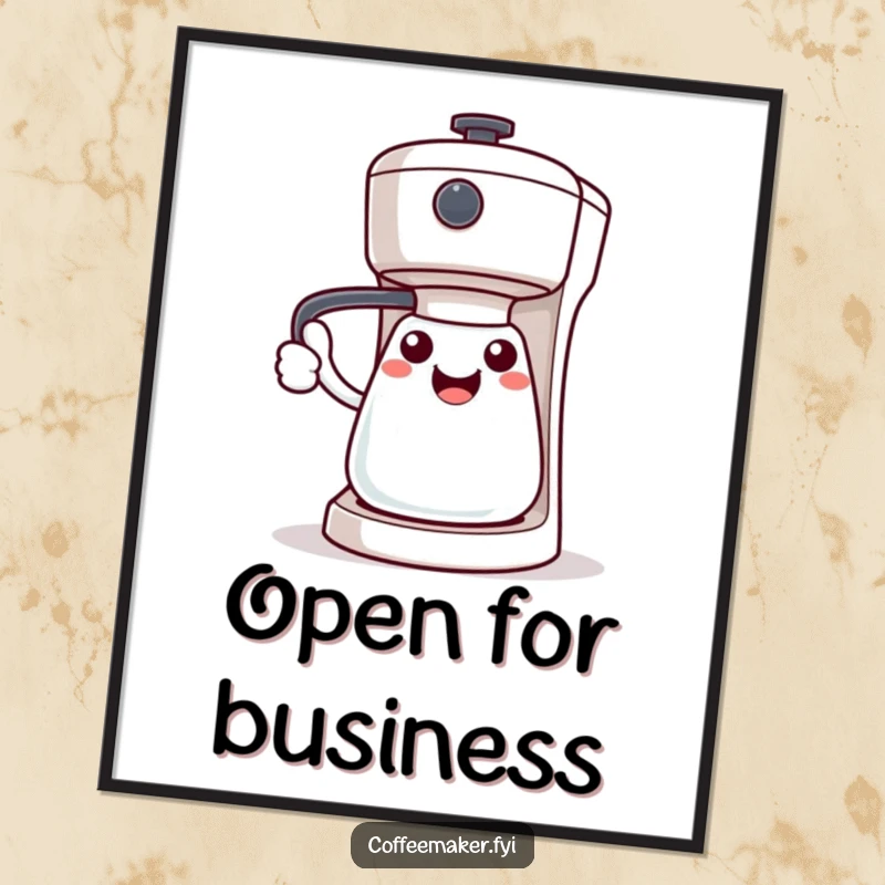 Funny Kawaii coffee maker poster, character's handle extended in a welcoming gesture, friendly and inviting wall art.
