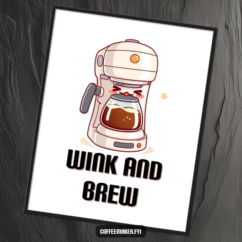Funny poster of a mischievous kawaii coffee maker winking while brewing a bubbly mixture, adding humorous decor to any room.