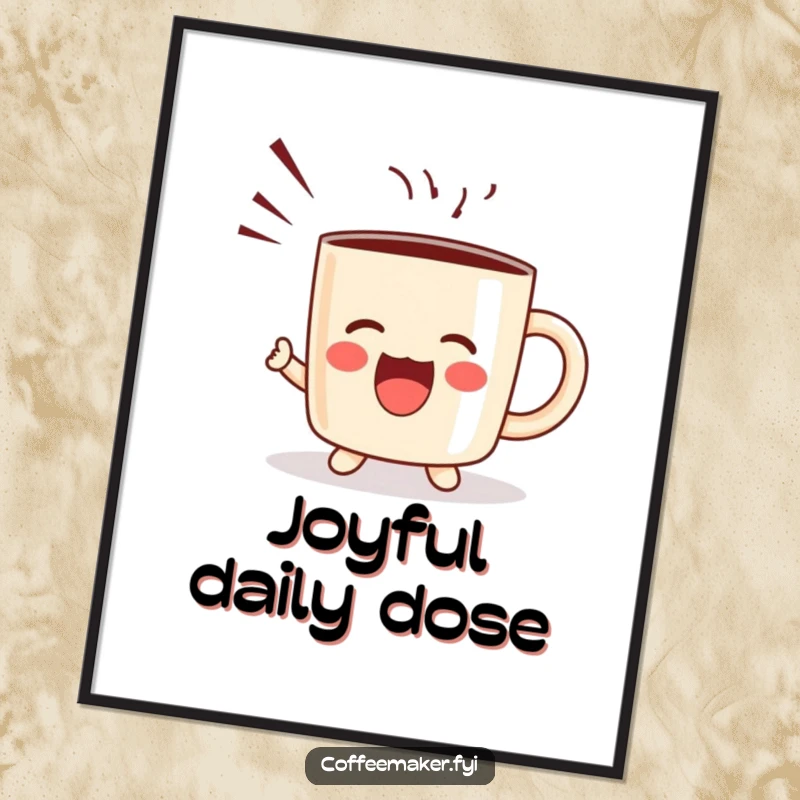 Funny poster featuring a kawaii coffee mug character joyfully shouting with sound waves, creating energetic wall art.
