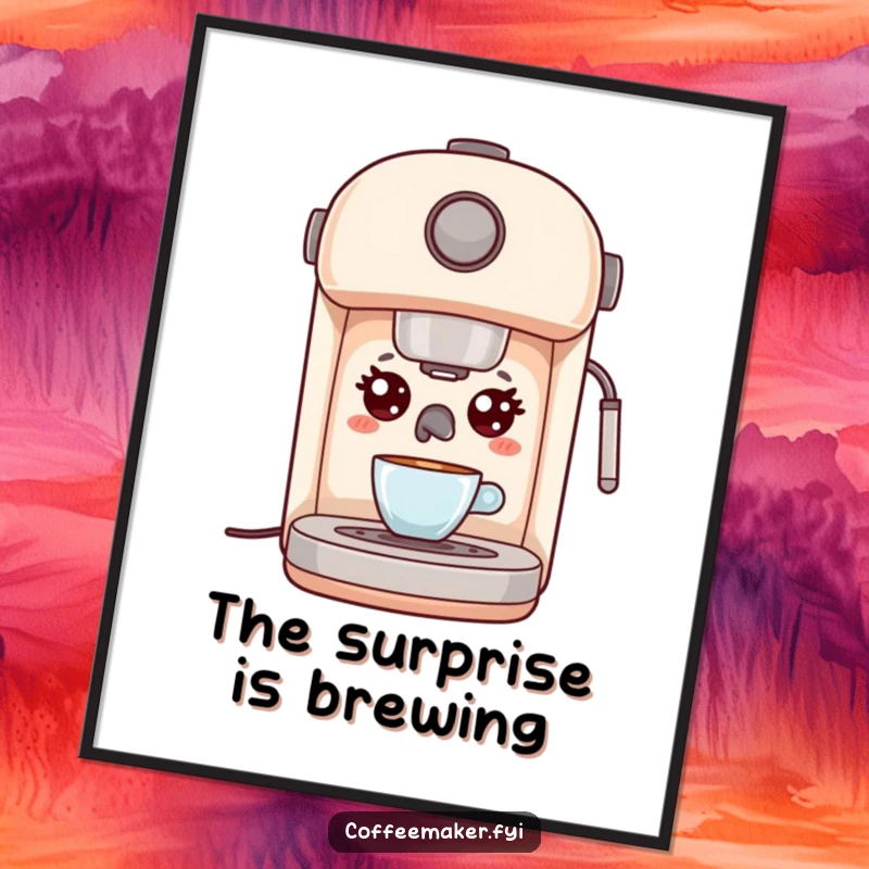 Funny Kawaii Espresso Machine Poster with wide, surprised eyes, perfect for humorous wall decor and a unique gift.