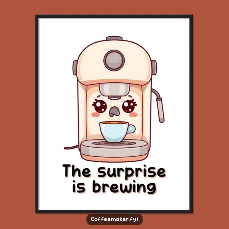 Funny Kawaii Espresso Machine Poster - Surprised Wide Eyes Wall Art