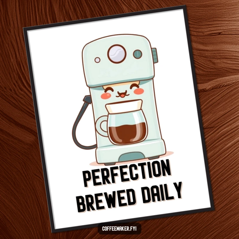 Funny poster art of a proud coffee maker with a satisfied smile, serving a perfect cup, celebrating the art of coffee making.