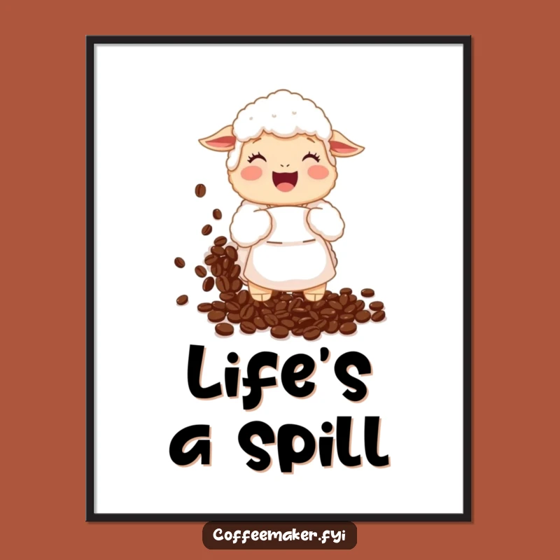 Funny Sheep Coffee Bean Poster: Giggling Sheep Spills Beans, Whimsical Wall Art