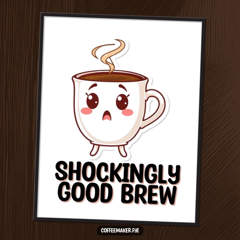 Funny surprised coffee cup poster, a character in shock with rapidly rising steam, adding humor to decor.