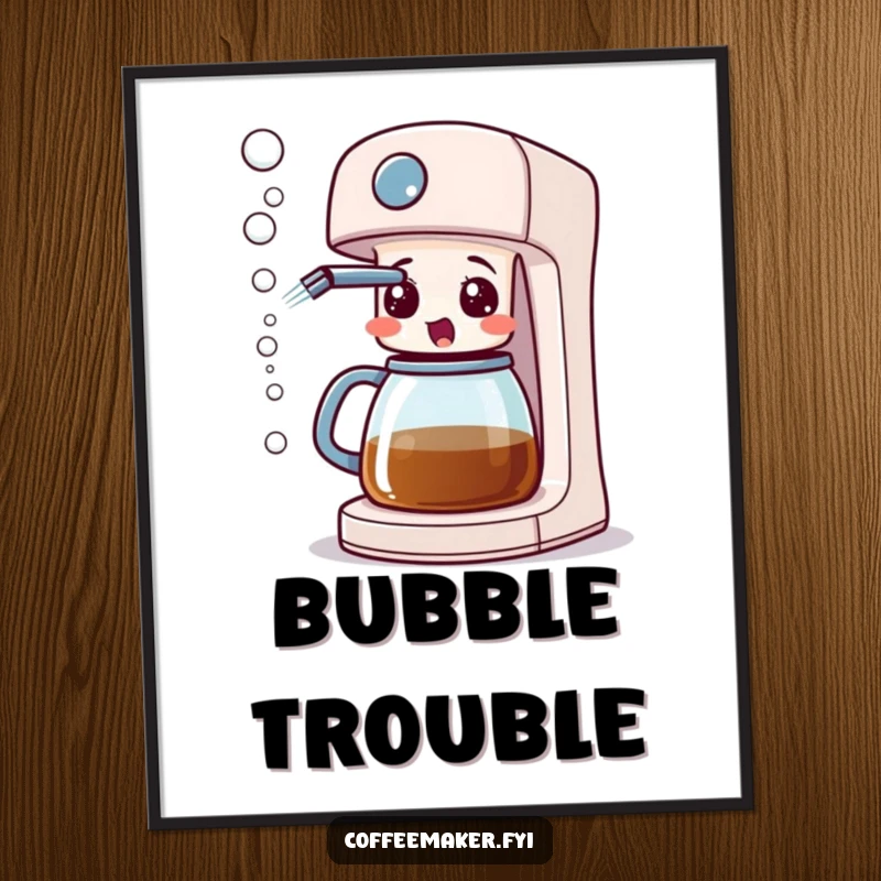 A surprised coffee maker machine spraying bubbles from its spout, depicted as a humorous and lively art print.