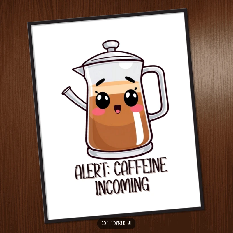 Funny art print of a surprised coffee pot character, adding a humorous and artistic touch to wall decor.