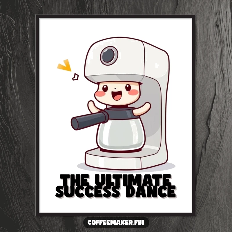 Funny Victorious Coffee Maker Poster: Machine doing a happy shimmy, celebrating coffee success with dynamic and joyful art.