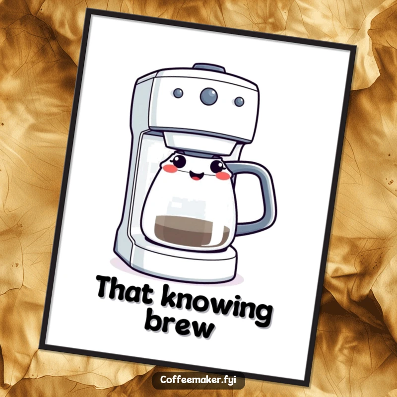 A coffee maker machine winking with its brewing light shining, depicted as a humorous and eye-catching art print.
