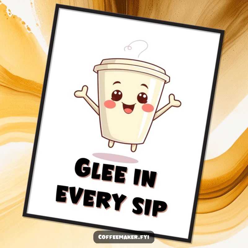 Funny Kawaii Coffee Cup Poster showing a cup giggling and jumping with extreme joy, perfect for humorous and cute wall decor.