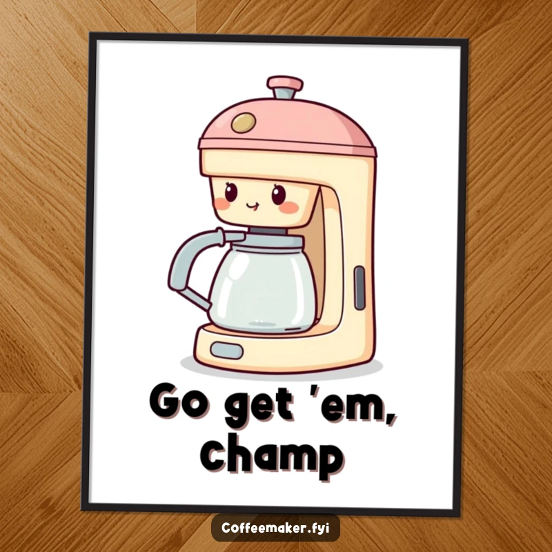 Funny Cheering Coffee Maker Poster: Machine with spout extended, cheering, bringing motivational energy and fun to wall decor.