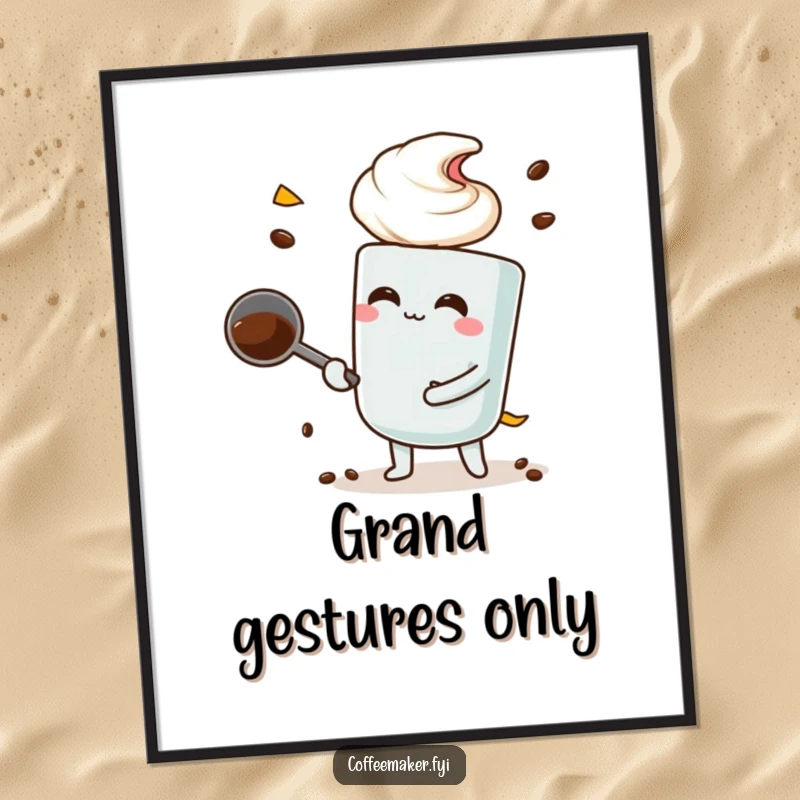 Funny coffee scoop character performing a huge scoop, displayed as a humorous wall art print.
