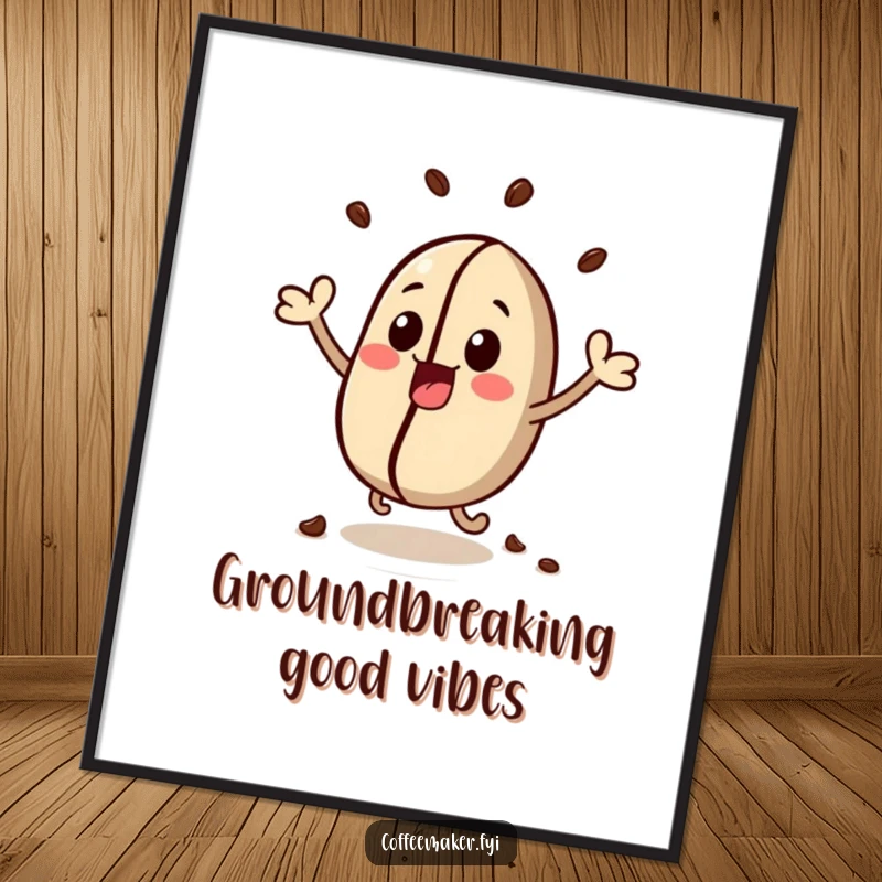 Funny poster featuring a kawaii coffee bean character, depicted bouncing with pure, uncontainable excitement.