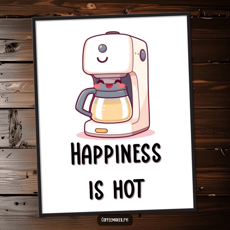 Funny poster art of a coffee maker machine boiling happily with a bright, friendly grin, radiating warmth and morning joy.