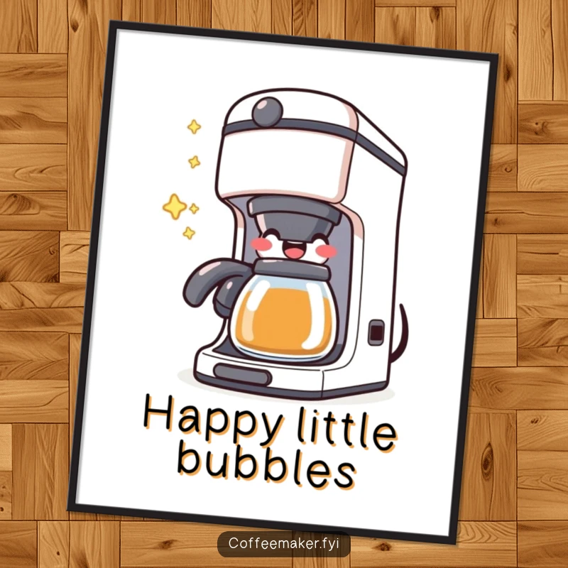 Funny Kawaii Coffee Maker Poster showing a character happily bubbling with joy, a humorous and decorative piece.